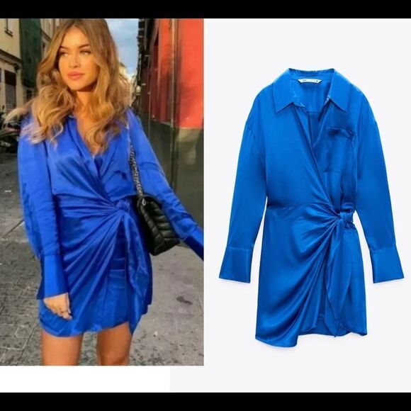 Zara Royal blue satin effect long sleeve wrap mini dress Sz S NWT - Picture 3 of 8